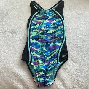 Teal green blue and purple speedo one piece. Stretchable. Kids size 14